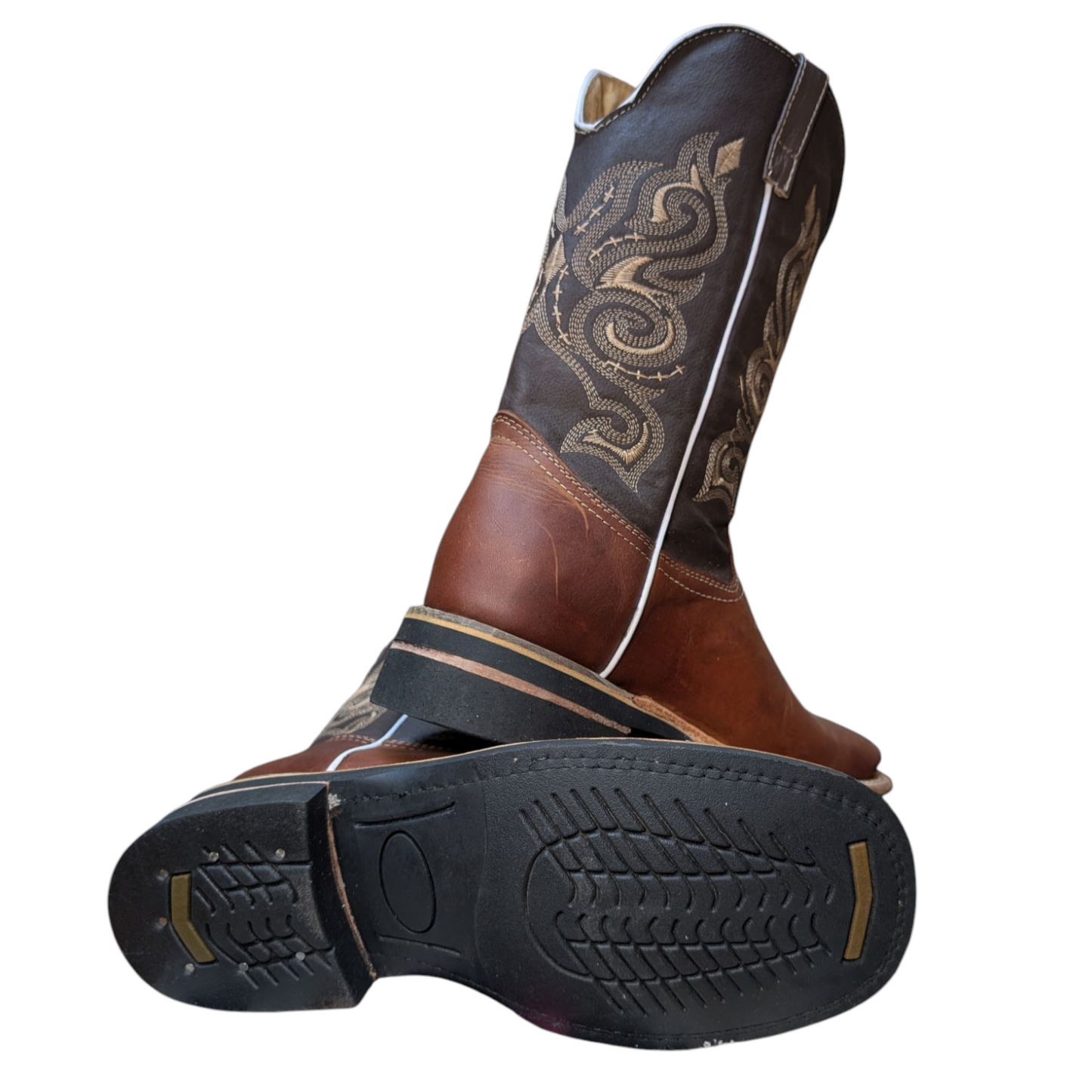 Men's Cowboy Boots (0043) - Two-tone Brown Leather w/ Square Toe