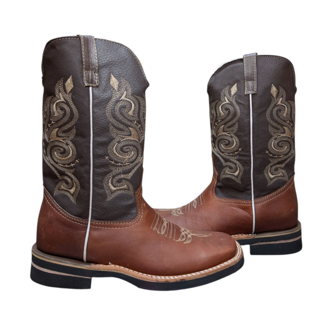 Men's Cowboy Boots (0043) - Two-tone Brown Leather w/ Square Toe
