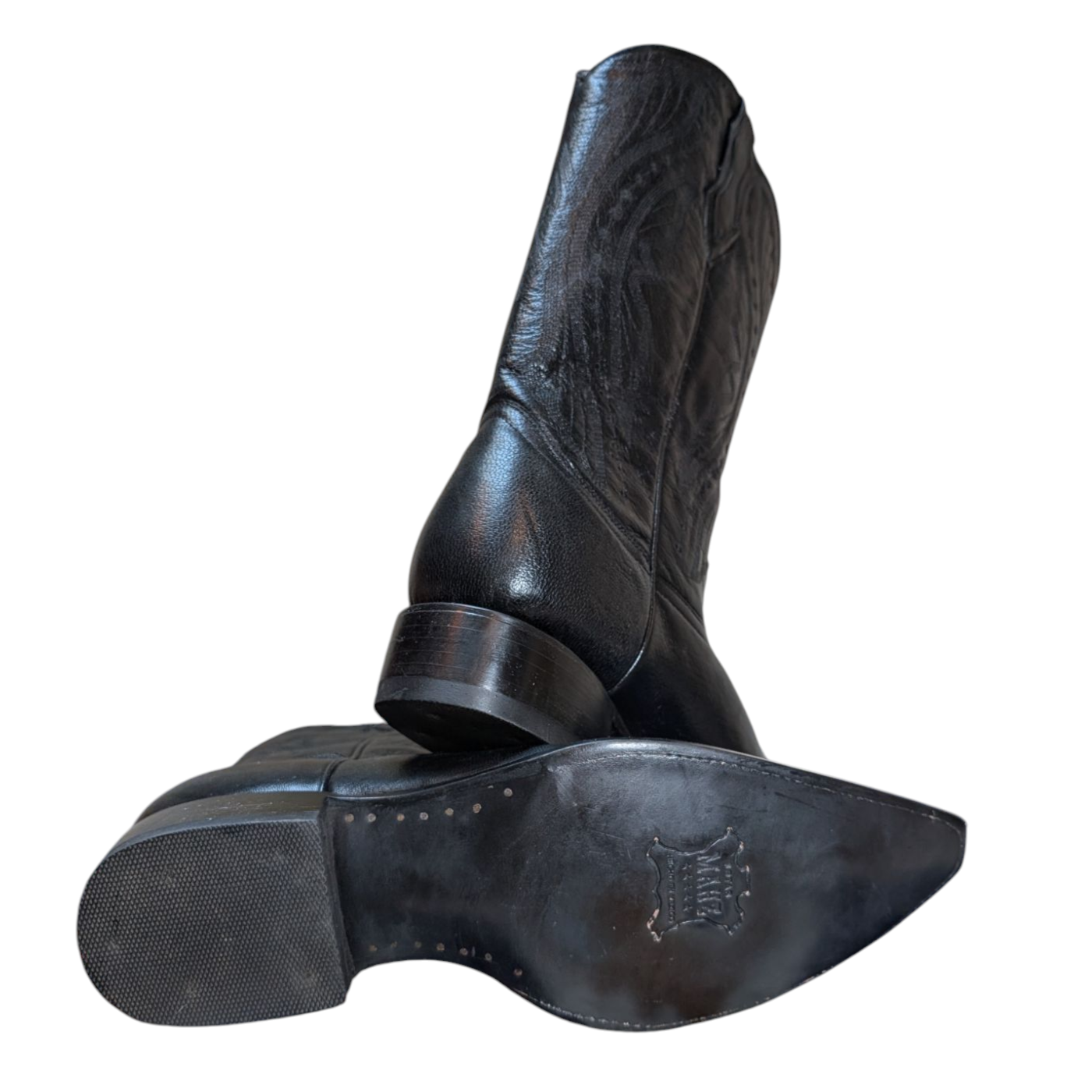 Unisex Cowboy Boots (0051) - Black Sheep-hide Leather w/ Pointed Toe