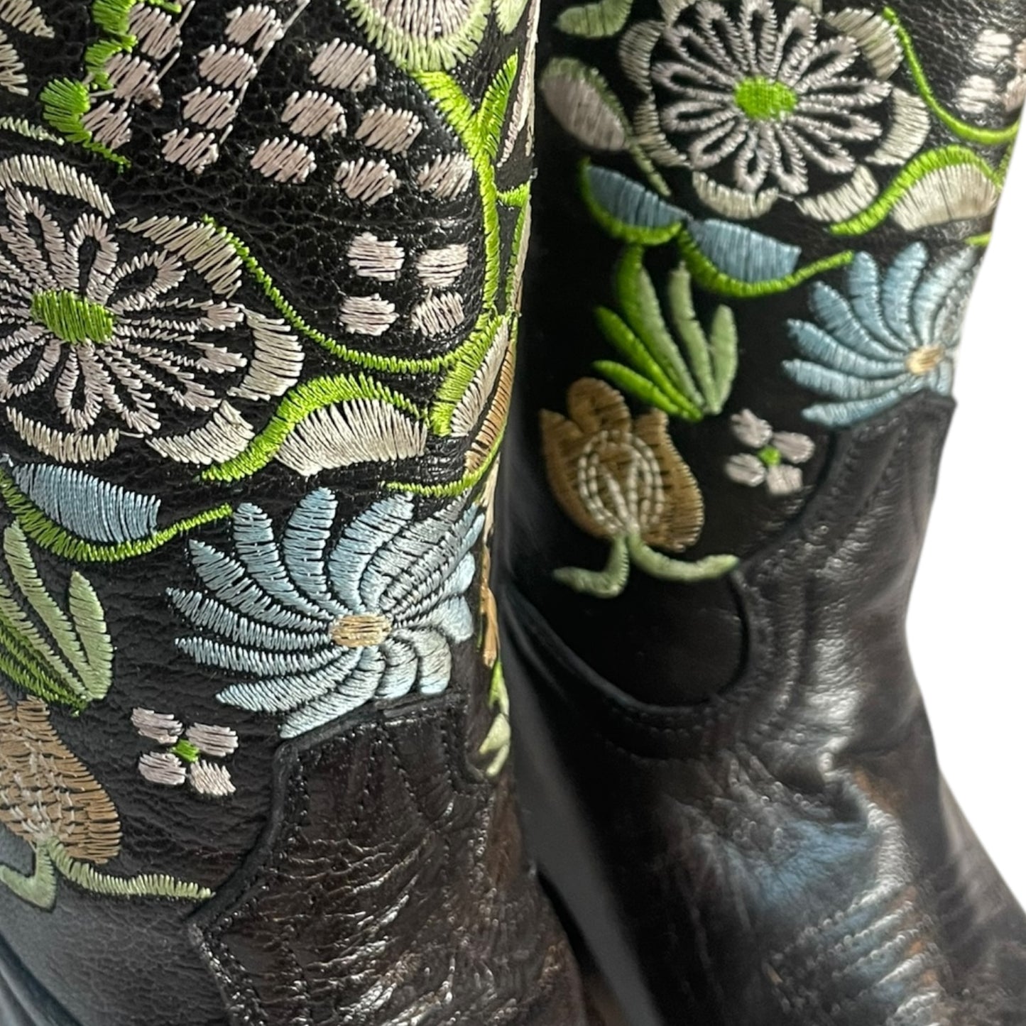 Women's Cowboy Boots (0031) - 14" Square Toe Rustic Black w/ Floral Embroidery