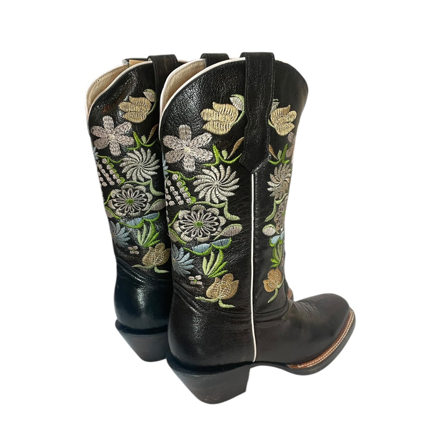 Women's Cowboy Boots (0031) - 14" Square Toe Rustic Black w/ Floral Embroidery