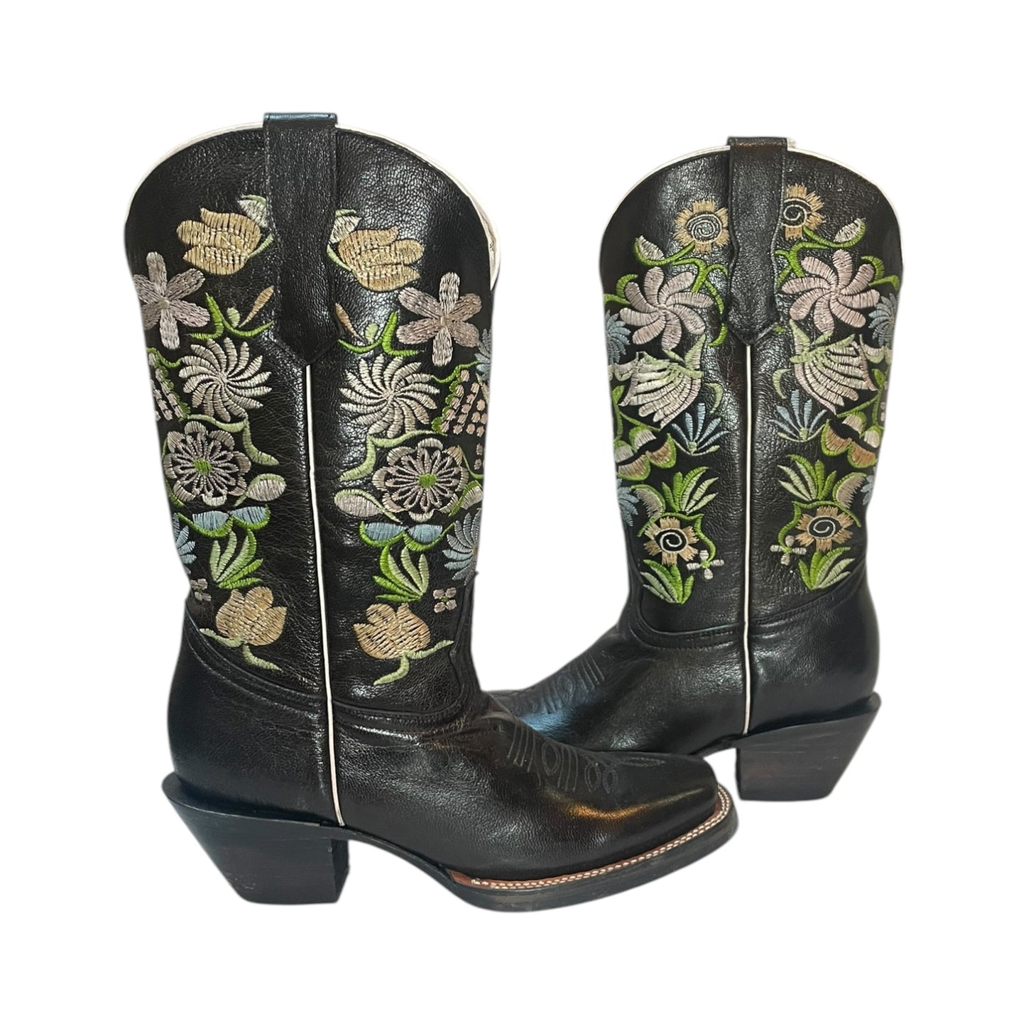 Women's Cowboy Boots (0031) - 14" Square Toe Rustic Black w/ Floral Embroidery
