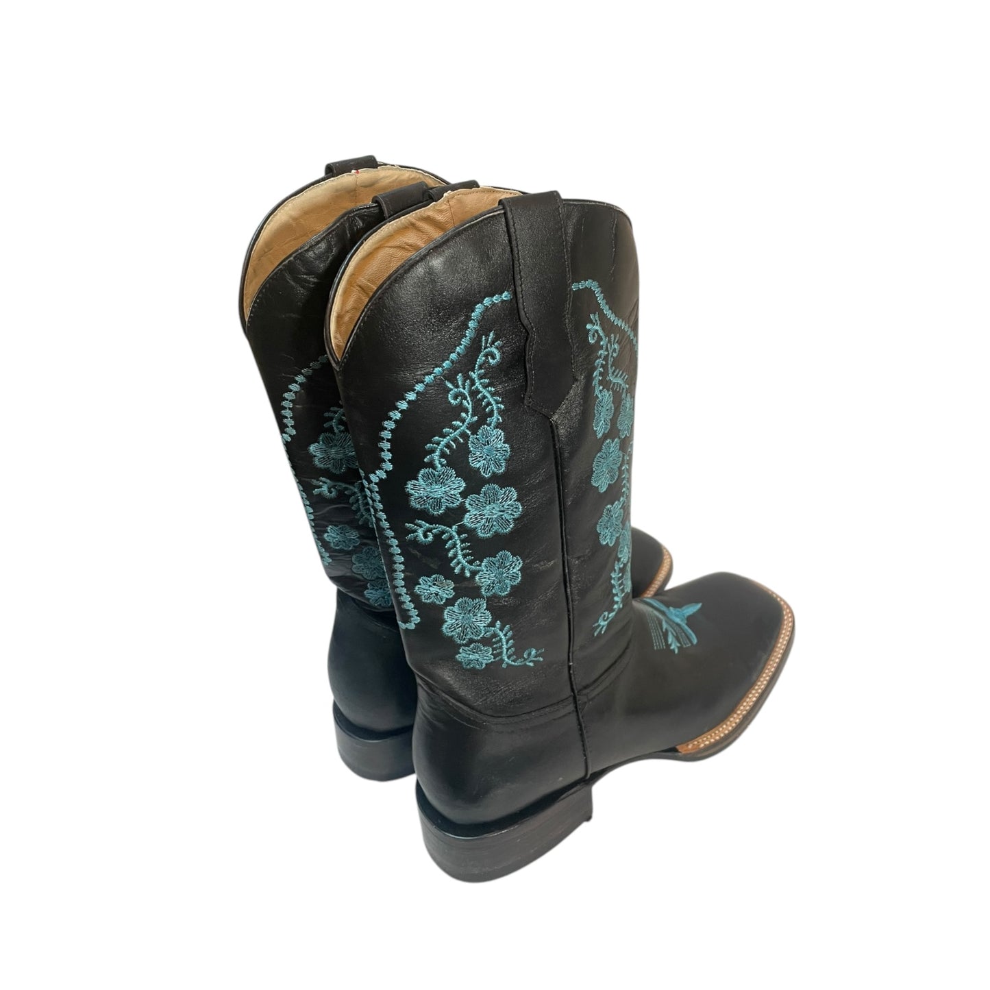 Women's Cowboy Boots (0030) - 14" Square Toe Black w/ Teal Embroidery