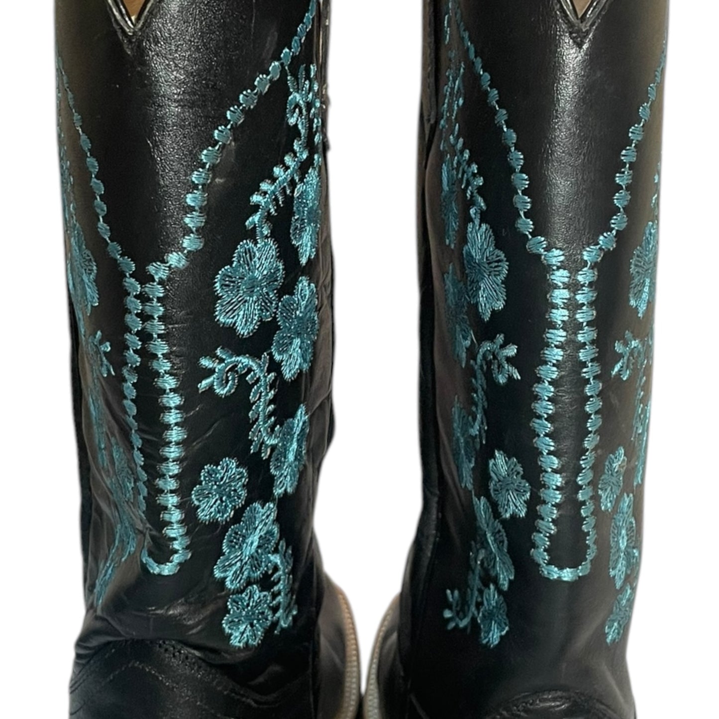 Women's Cowboy Boots (0030) - 14" Square Toe Black w/ Teal Embroidery