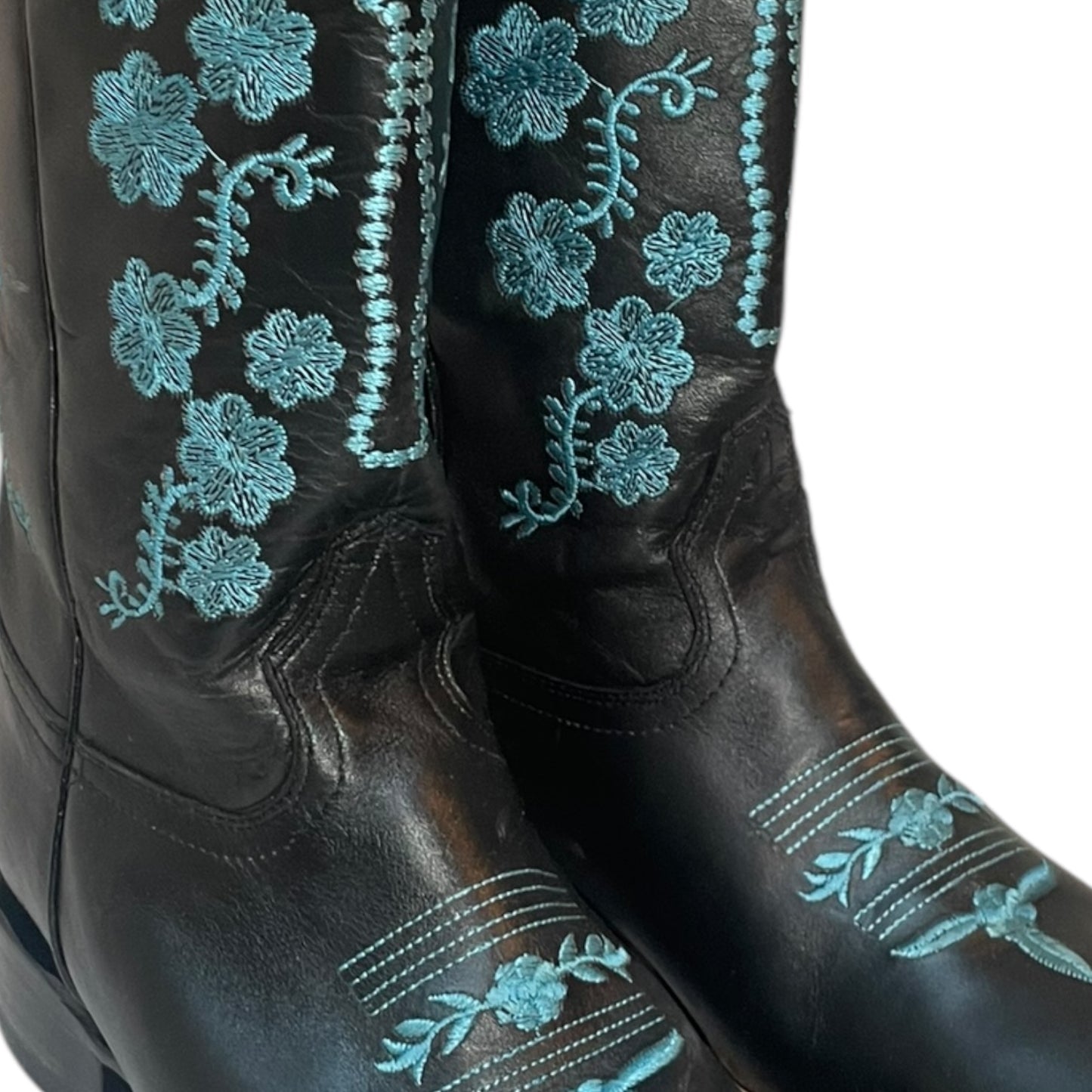 Women's Cowboy Boots (0030) - 14" Square Toe Black w/ Teal Embroidery