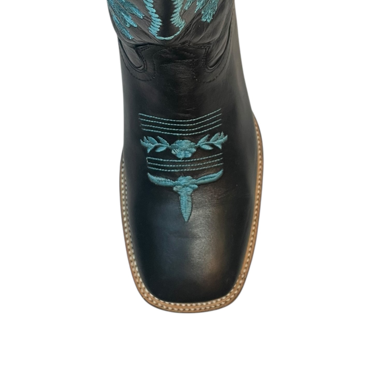 Women's Cowboy Boots (0030) - 14" Square Toe Black w/ Teal Embroidery