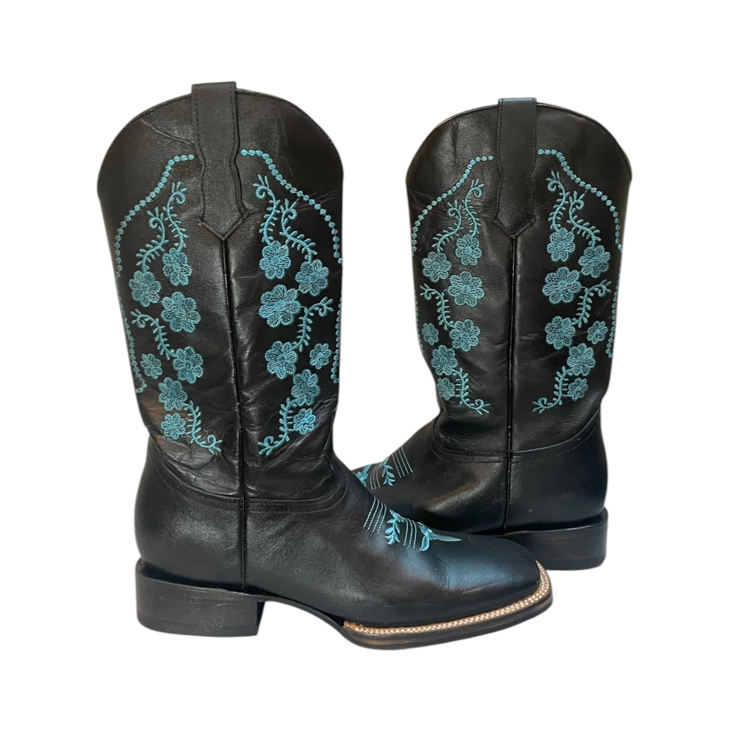 Women's Cowboy Boots (0030) - 14" Square Toe Black w/ Teal Embroidery