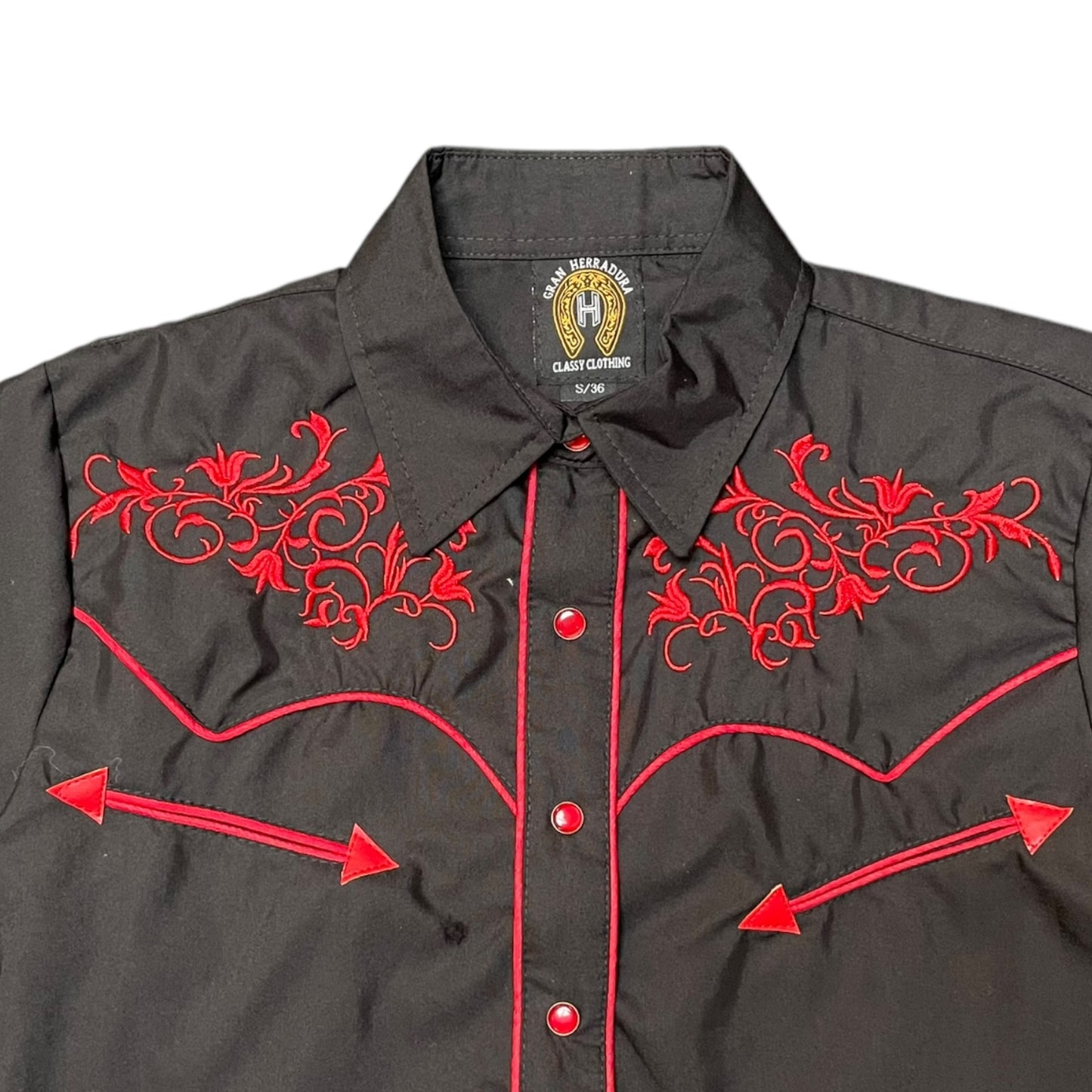 Western Shirt (0015) - Black with Western Botanical Embroidered Details