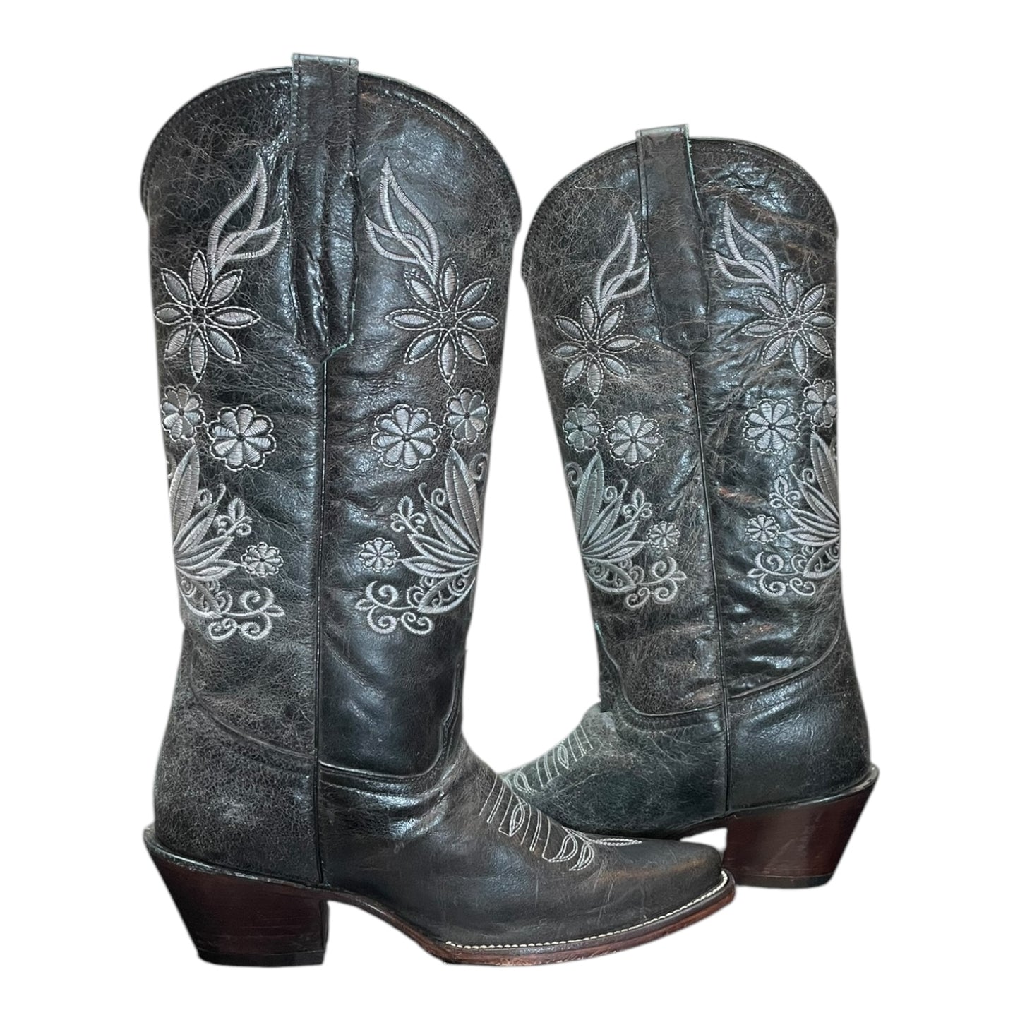 Women's Cowboy Boots (0021) - 16"Tall Cracked Grey Leather With J Toe