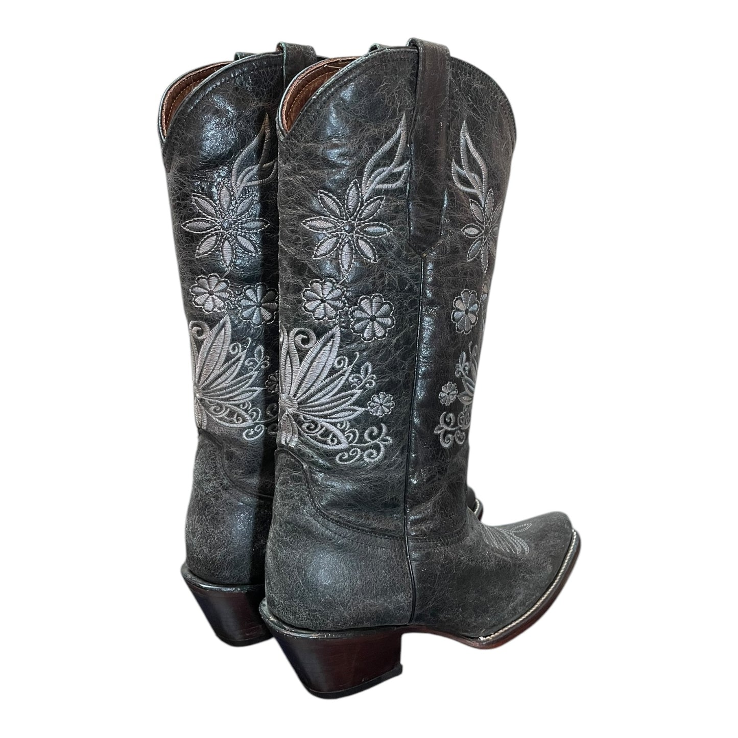Women's Cowboy Boots (0021) - 16"Tall Cracked Grey Leather With J Toe