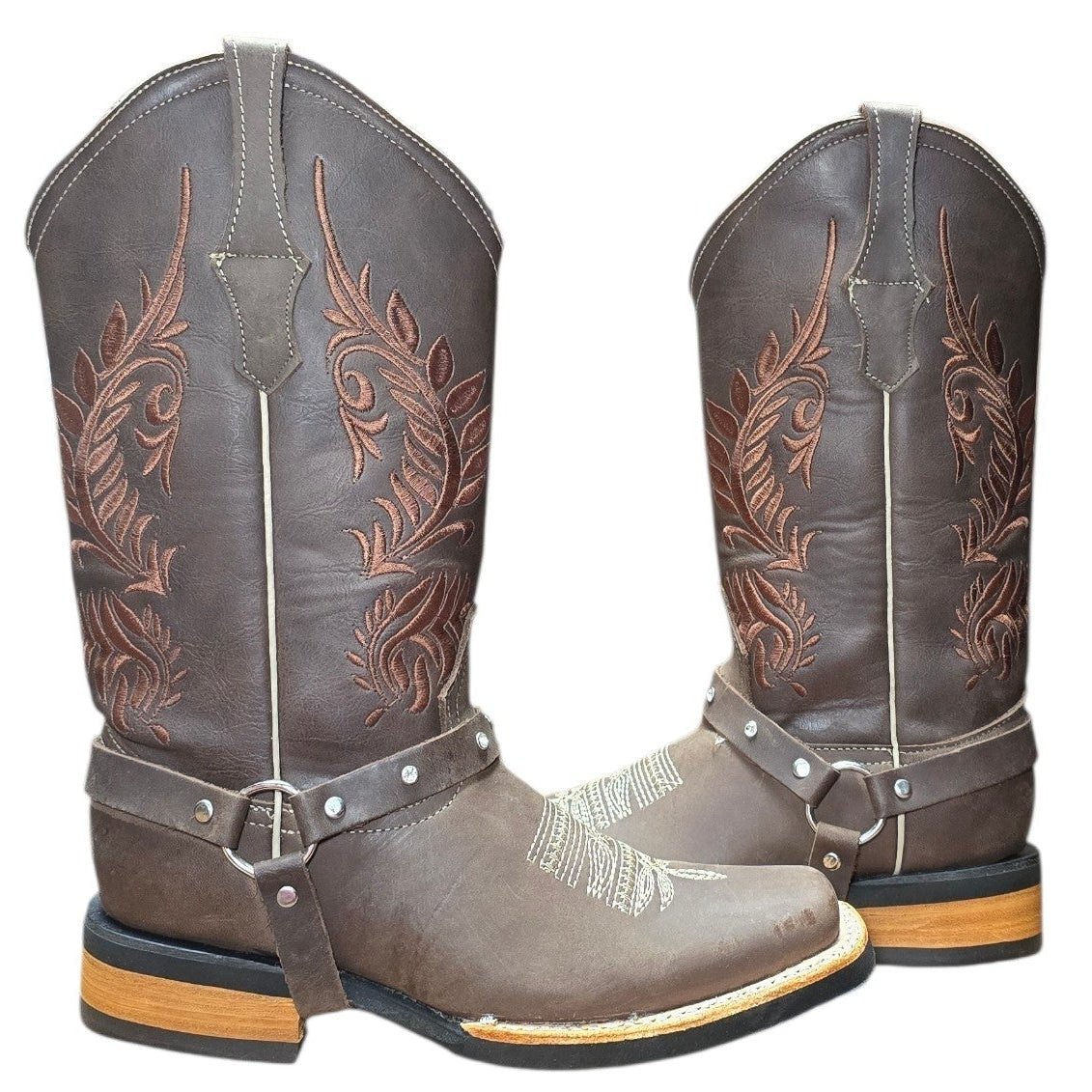 Cowboy Boots (0140) - 13" Dark Brown Leather w/ Botanical Stitching and Square Toe