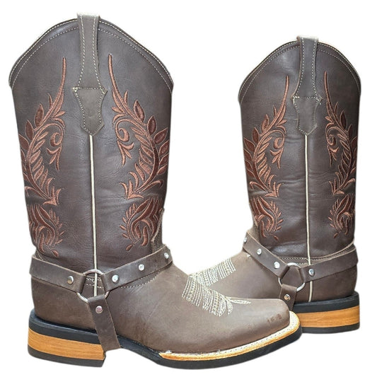 Cowboy Boots (0140) - 13" Dark Brown Leather w/ Botanical Stitching and Square Toe