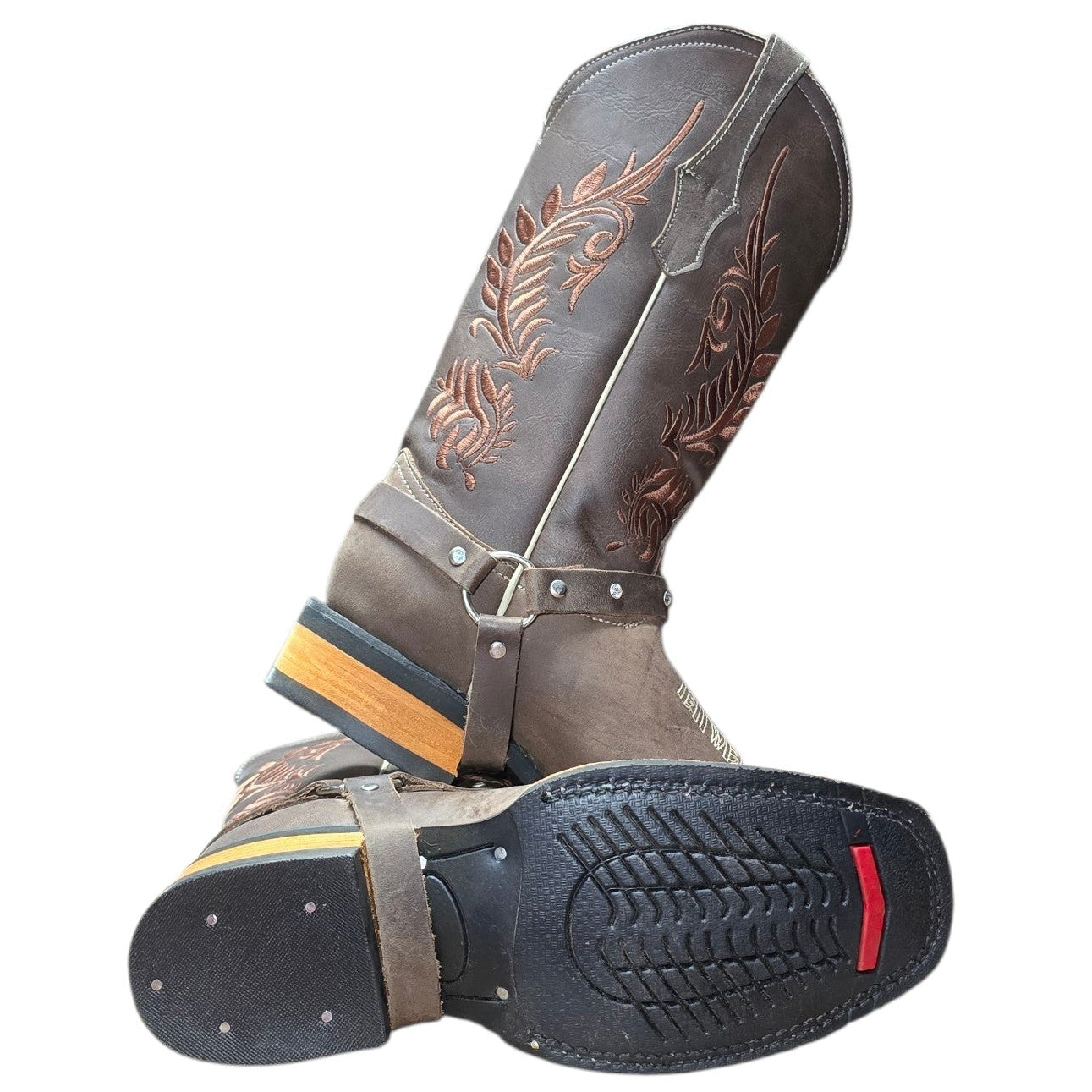 Cowboy Boots (0140) - 13" Dark Brown Leather w/ Botanical Stitching and Square Toe