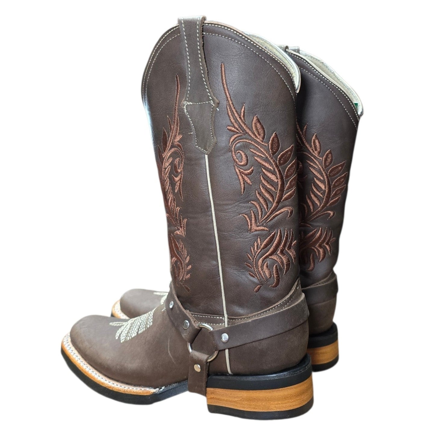 Cowboy Boots (0140) - 13" Dark Brown Leather w/ Botanical Stitching and Square Toe