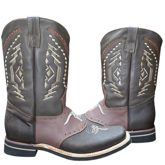 Cowboy Boots (0111) - Rodeo Toe Layered Two-tone Brown Leather Longhorn Design