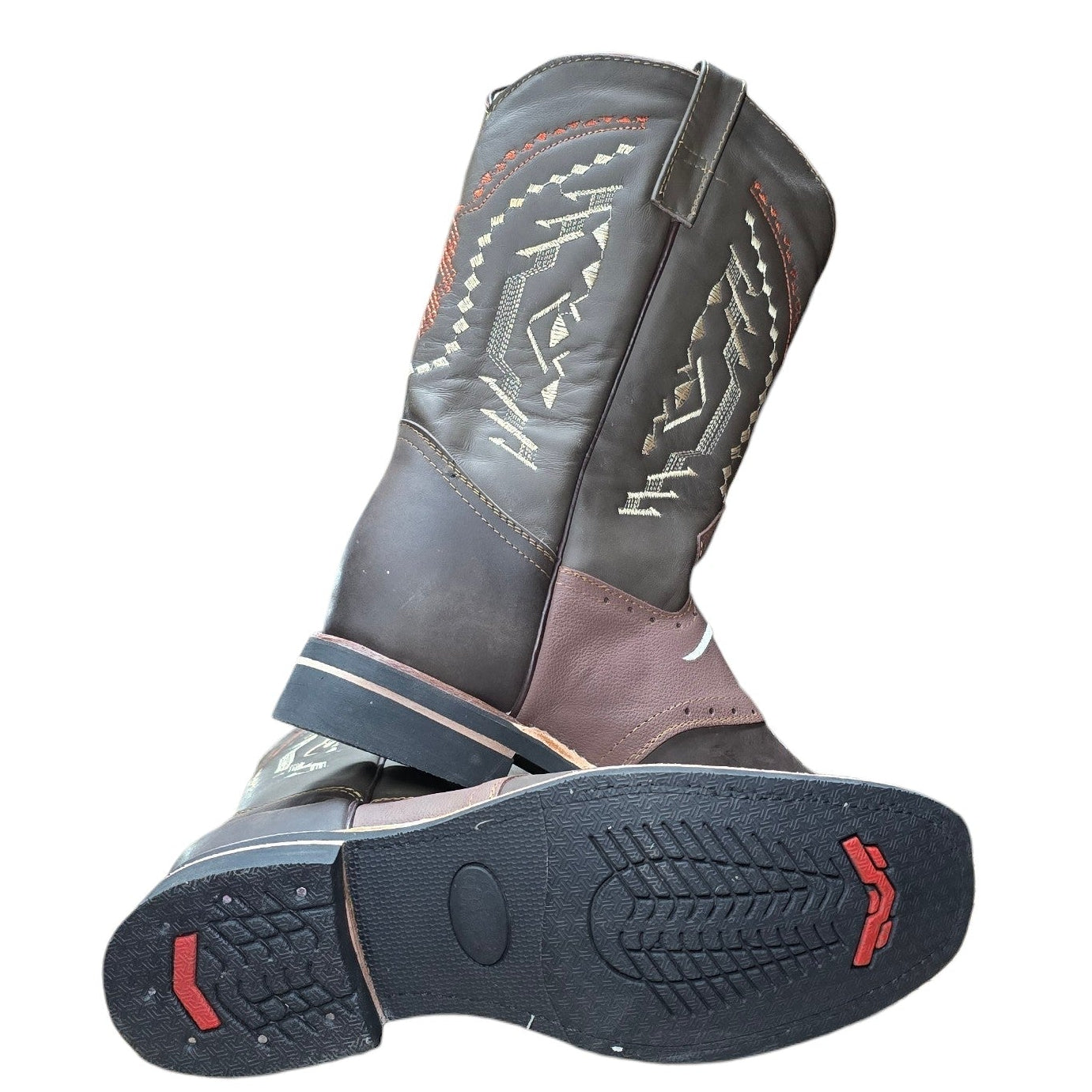Cowboy Boots (0111) - Rodeo Toe Layered Two-tone Brown Leather Longhorn Design