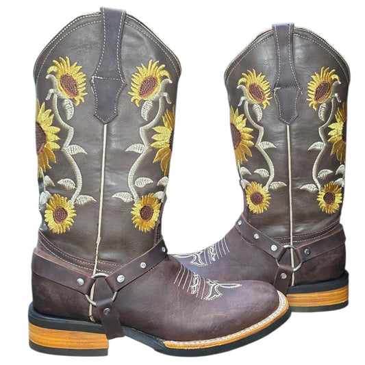 Cowboy Boots (0139) - 13" Dark Brown Leather w/ Sunflower Stitching and Square Toe