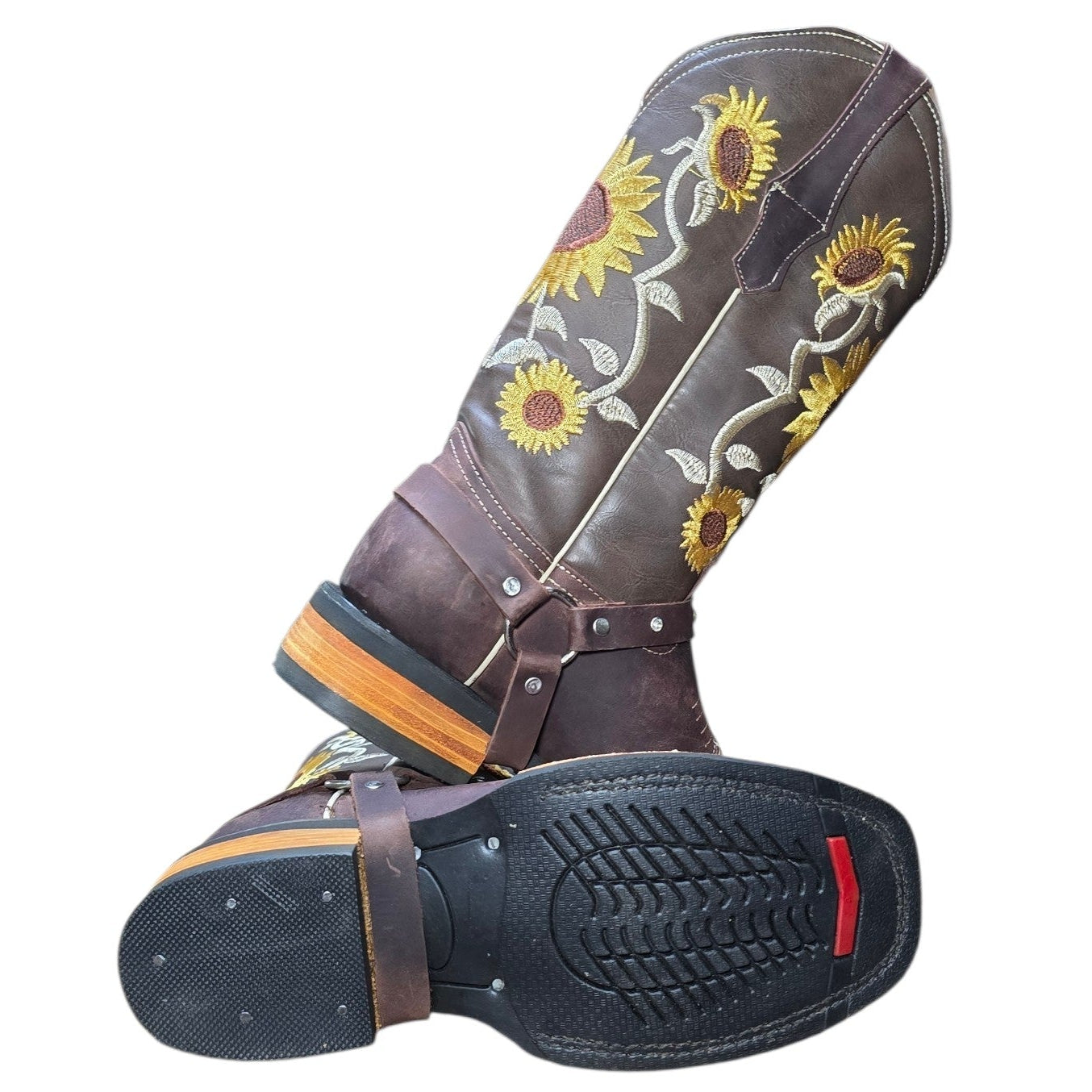 Cowboy Boots (0139) - 13" Dark Brown Leather w/ Sunflower Stitching and Square Toe