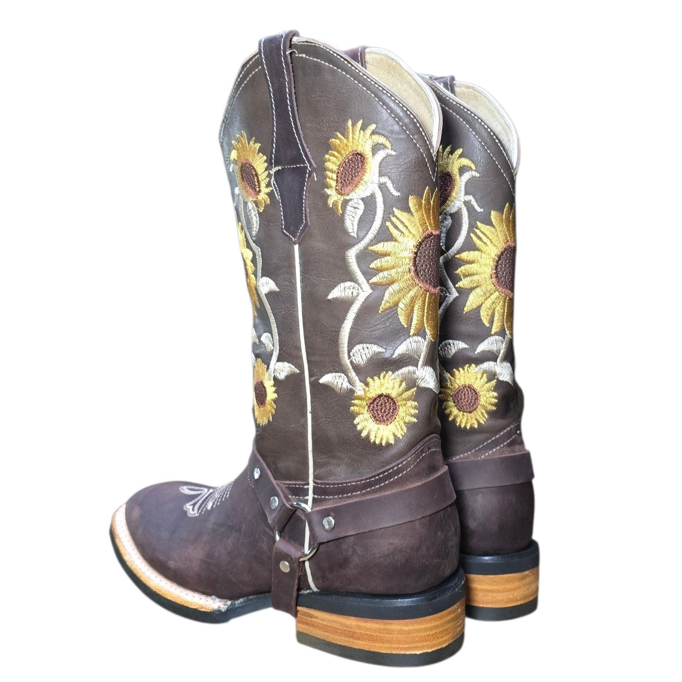 Cowboy Boots (0139) - 13" Dark Brown Leather w/ Sunflower Stitching and Square Toe