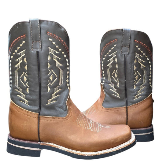 Cowboy Boots (0112) - 12" Rodeo Toe Brown Leather w/ Western Stitching