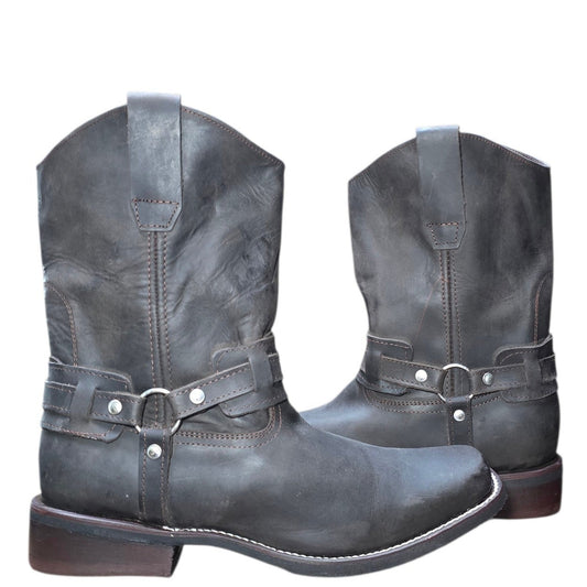 Unisex Boots (0113) - 11.5" Harness Dark Brown Leather w/ Rodeo Toe