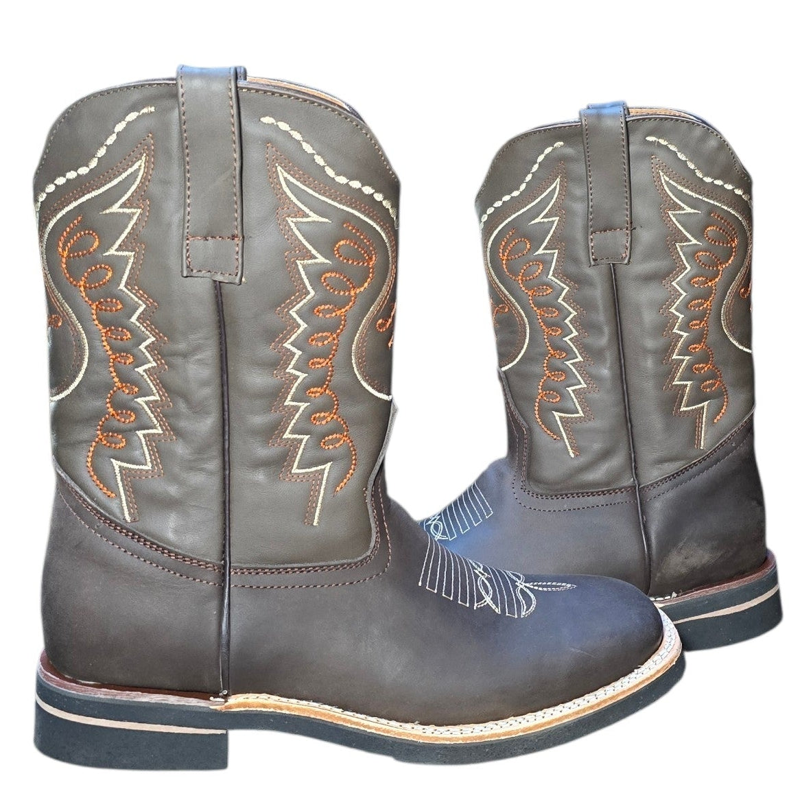 Cowboy Boots (0114) - 12" Square Toe Brown Leather w/ Western Stitching