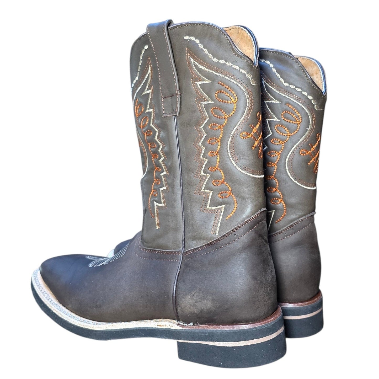 Cowboy Boots (0114) - 12" Square Toe Brown Leather w/ Western Stitching
