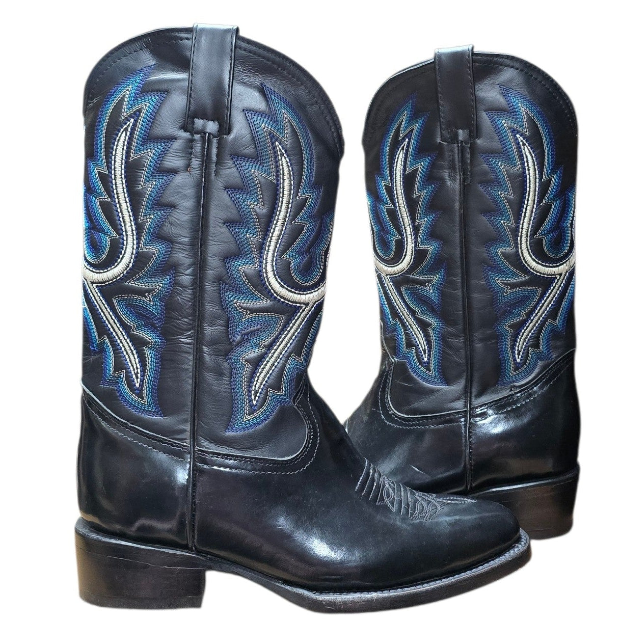 Cowboy Boots (0150) - 14.5" Black Glossy Leather w/ Western Blue Stitching and Round Toe