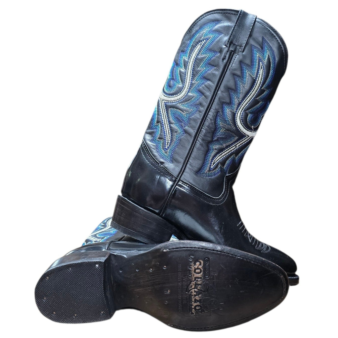 Cowboy Boots (0150) - 14.5" Black Glossy Leather w/ Western Blue Stitching and Round Toe