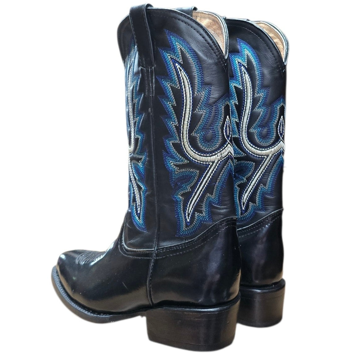 Cowboy Boots (0150) - 14.5" Black Glossy Leather w/ Western Blue Stitching and Round Toe