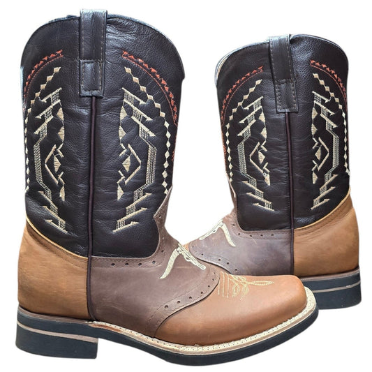 Cowboy Boots (0152) - 12.5" Rodeo Toe Layered Brown & Black Leather Longhorn Design