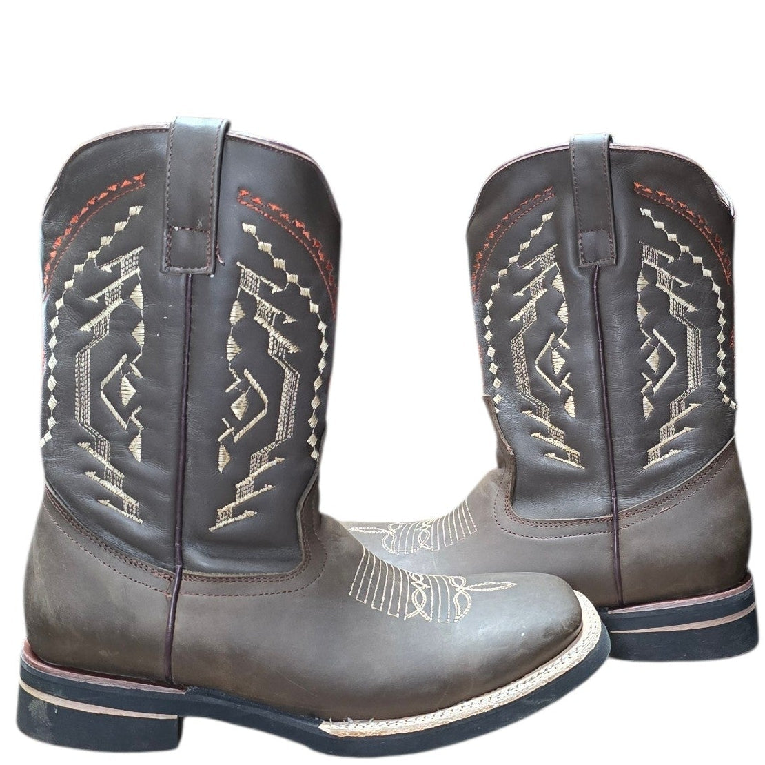 Cowboy Boots (0153) - 12" Brown Leather w/ Western Stitching & Square Toe
