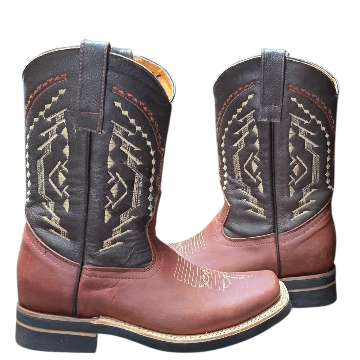 Cowboy Boots (0154) - 12" Burgundy & Black Leather w/ Rodeo Toe