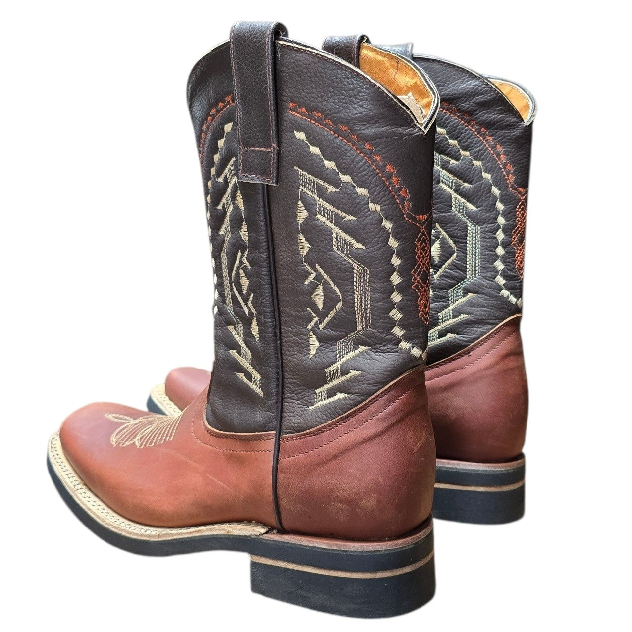 Cowboy Boots (0154) - 12" Burgundy & Black Leather w/ Rodeo Toe