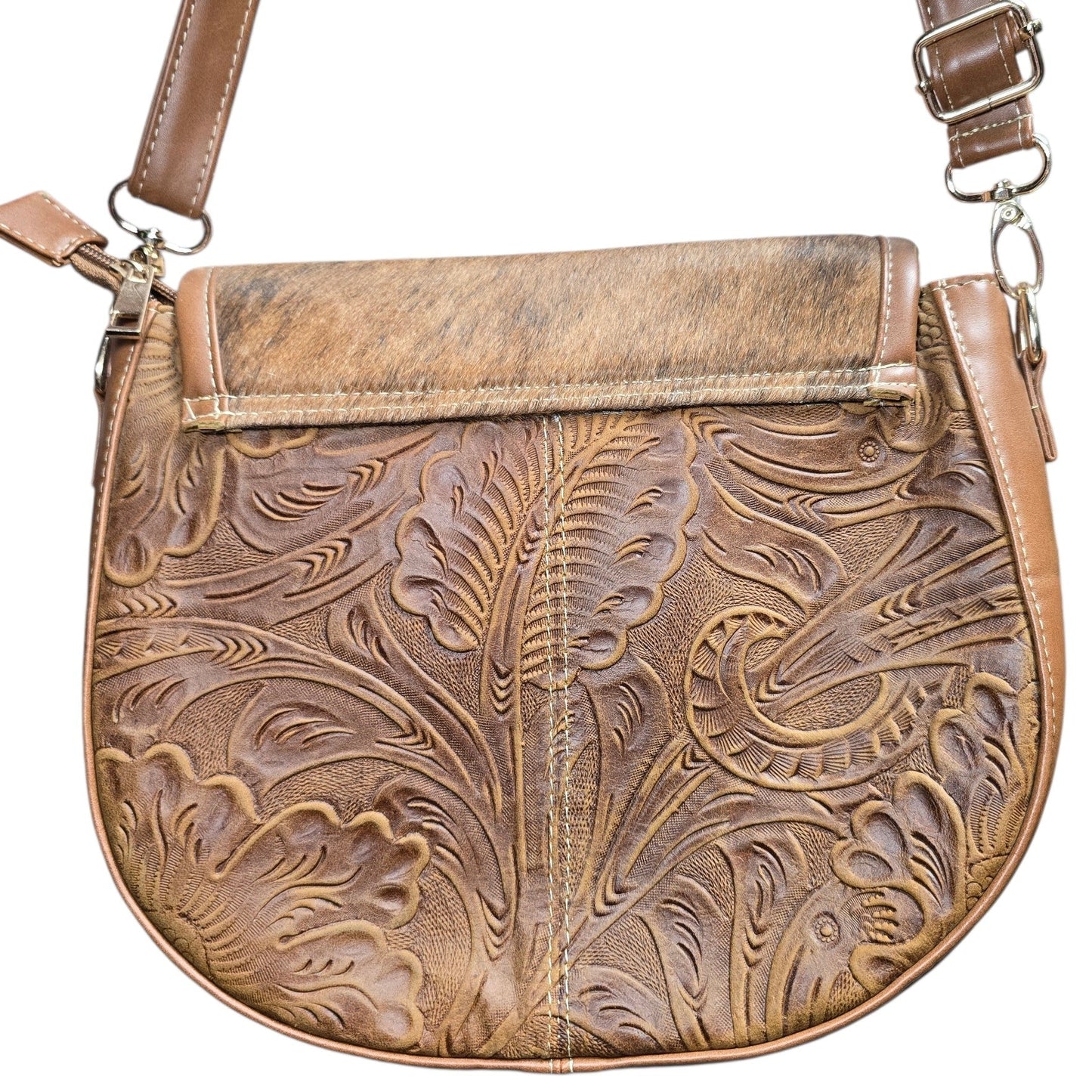 Handmade Leather Bag (0022) - Brown Hand Tooled Leather w/ Genuine Cowhide
