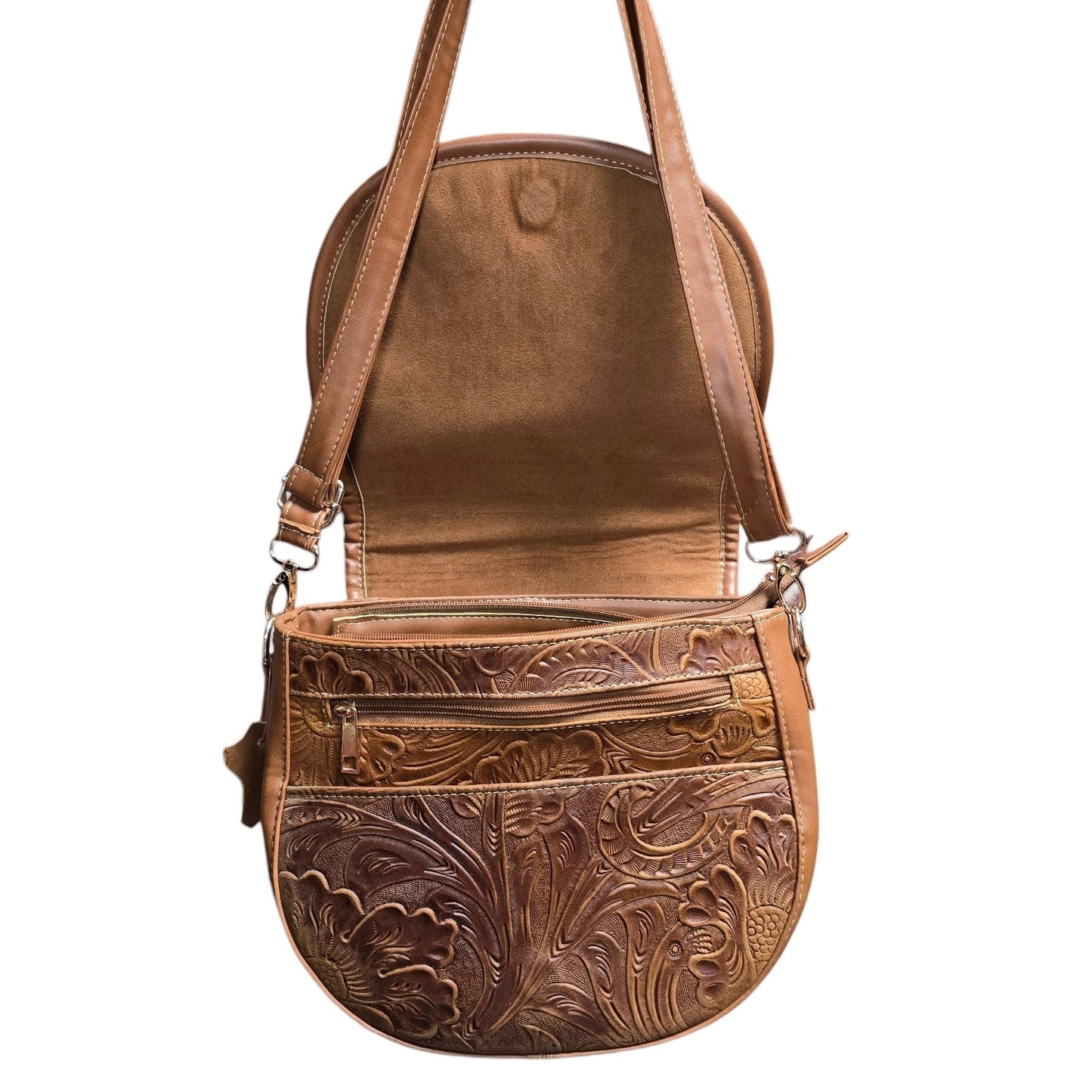 Handmade Leather Bag (0022) - Brown Hand Tooled Leather w/ Genuine Cowhide