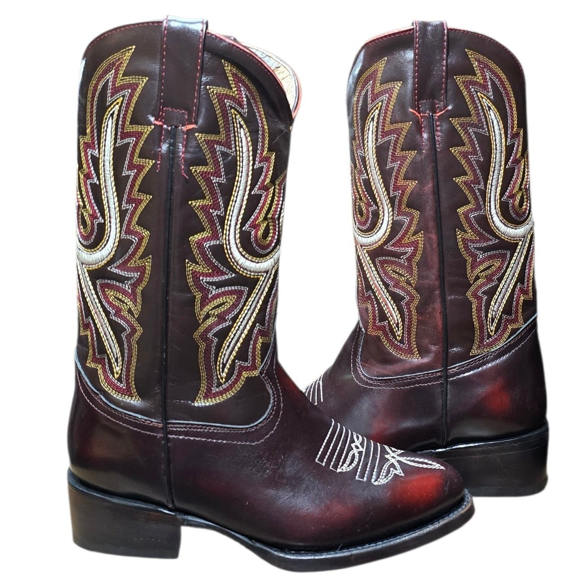 Cowboy Boots (0151) - 14" Burgundy Glossy Leather w/ Western Stitching and Round Toe