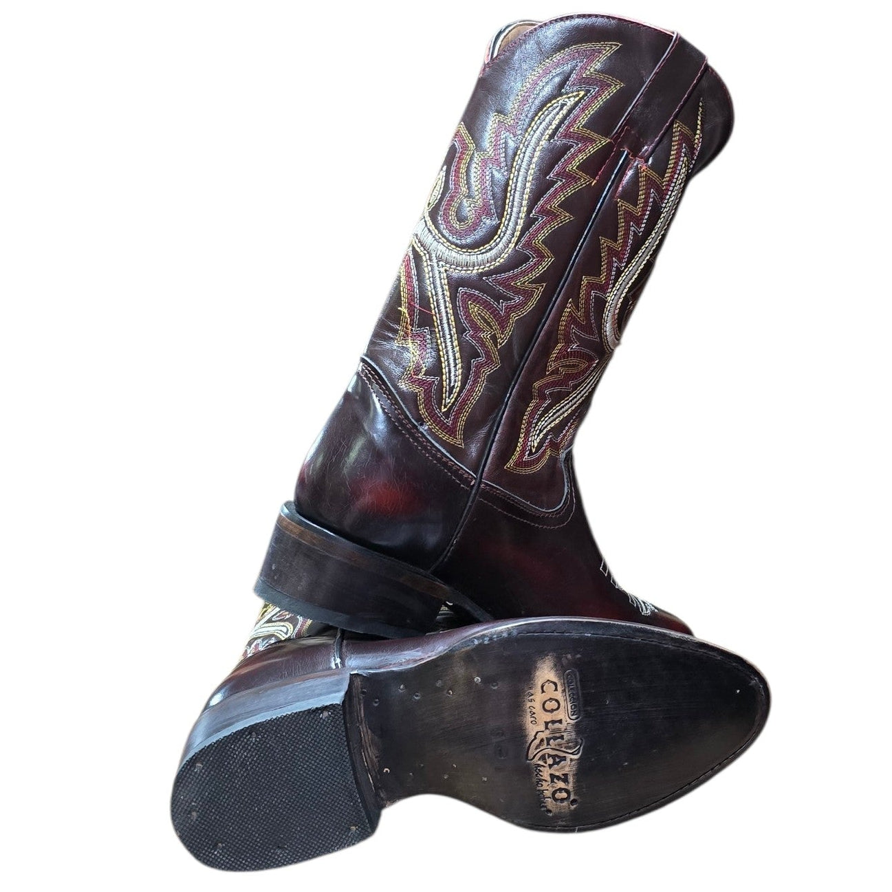 Cowboy Boots (0151) - 14" Burgundy Glossy Leather w/ Western Stitching and Round Toe