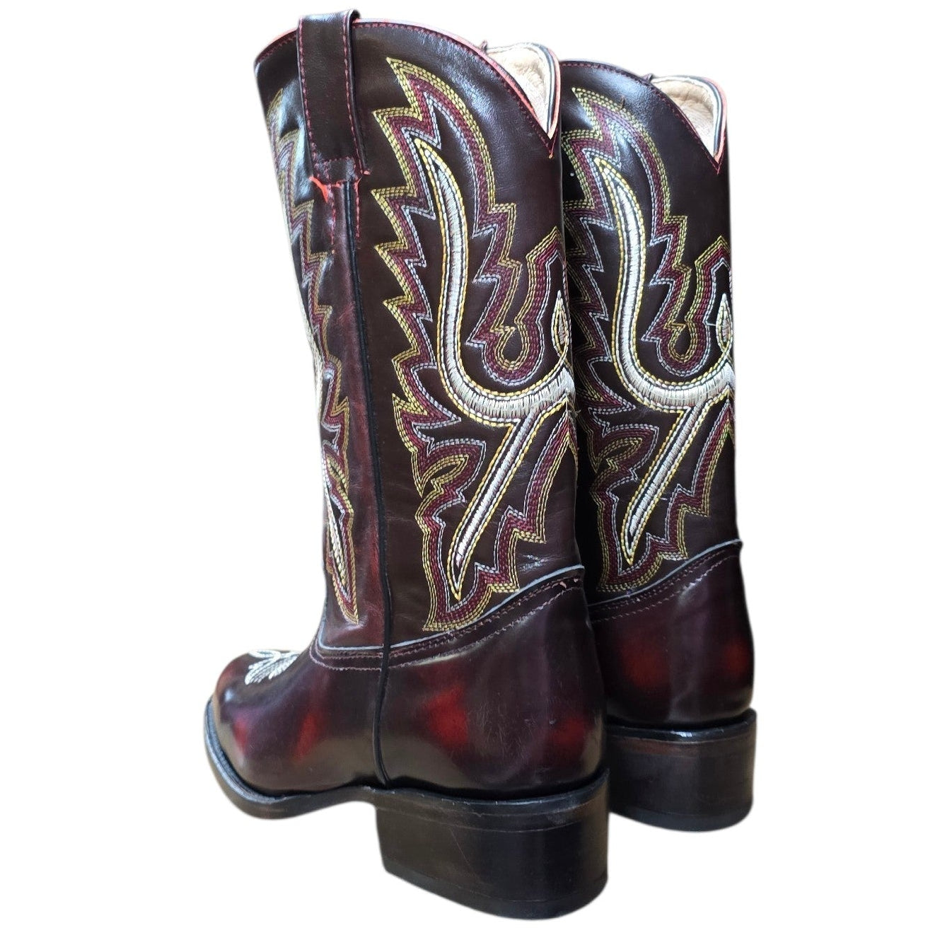 Cowboy Boots (0151) - 14" Burgundy Glossy Leather w/ Western Stitching and Round Toe