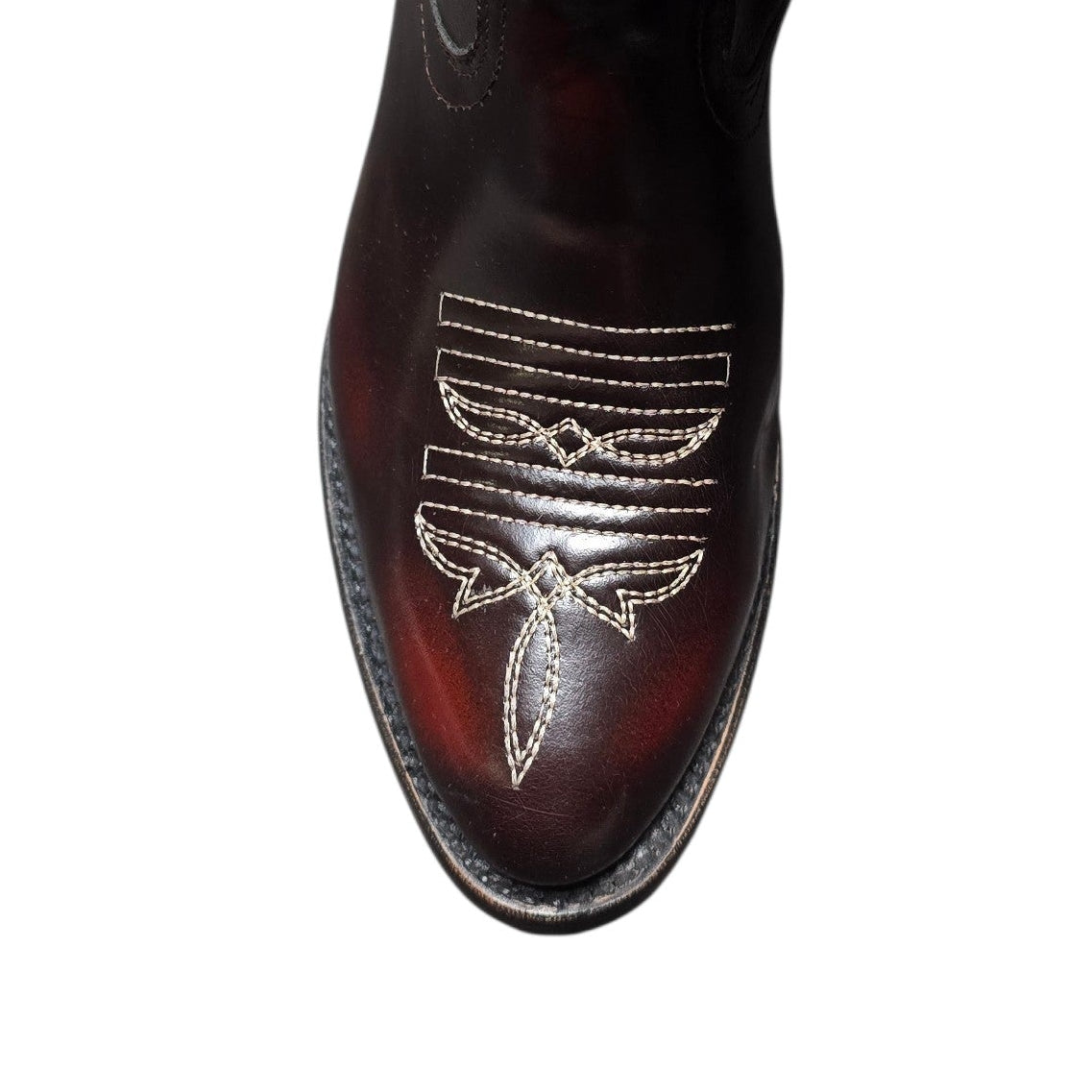 Cowboy Boots (0151) - 14" Burgundy Glossy Leather w/ Western Stitching and Round Toe