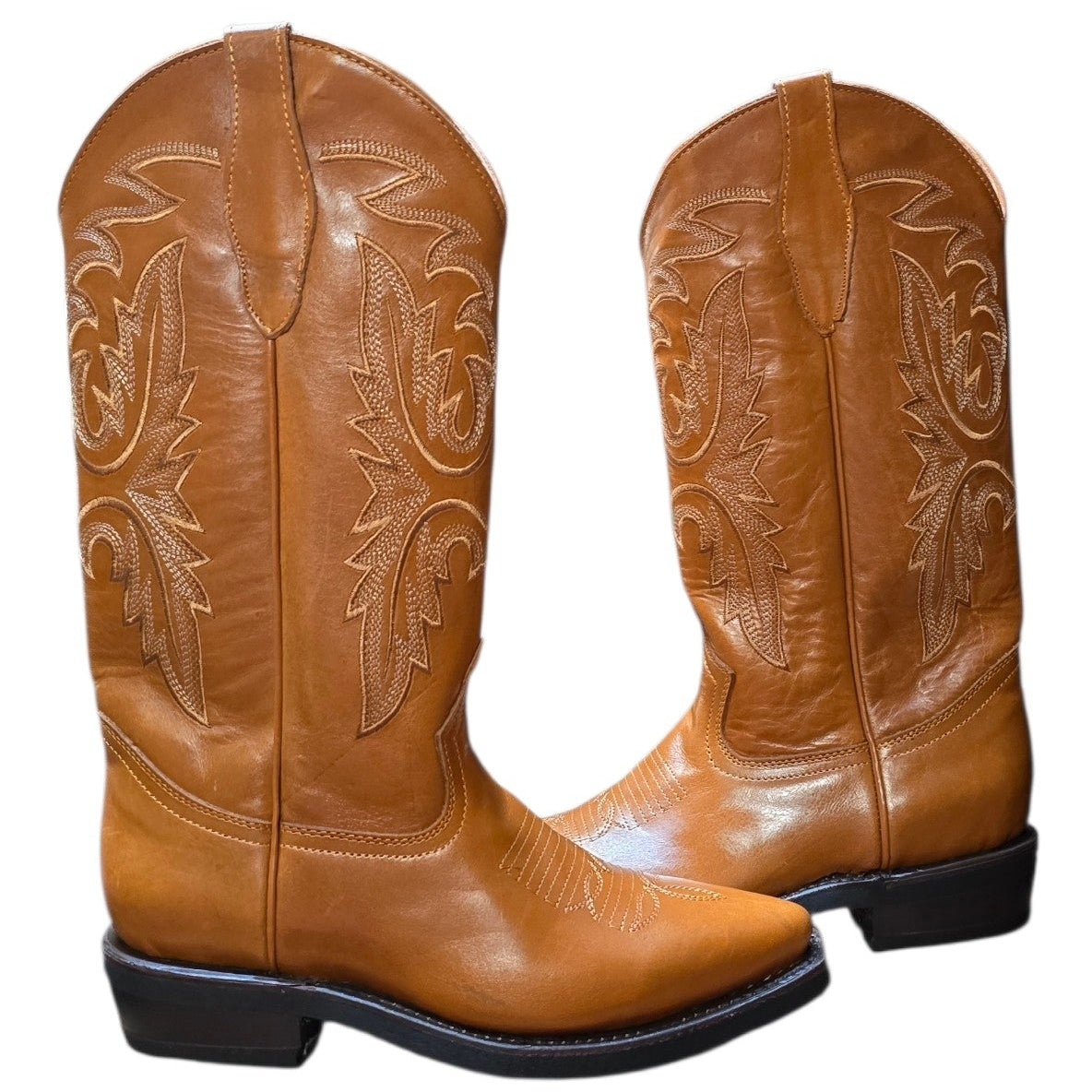 Cowboy Boots (0157) - 15" Caramel Leather w/ Western Stitching & Snip Toe