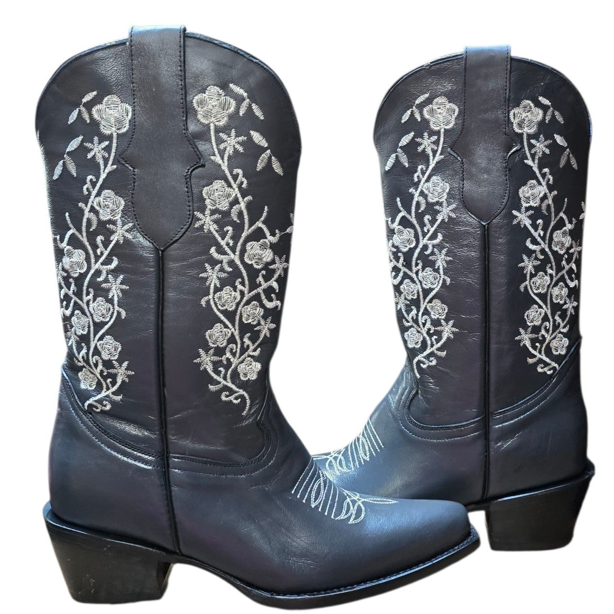 Cowboy Boots (0159) - 13.5" Dark Grey Leather w/ White Floral Stitching & Snip Toe