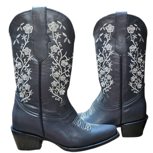Cowboy Boots (0159) - 13.5" Dark Grey Leather w/ White Floral Stitching & Snip Toe