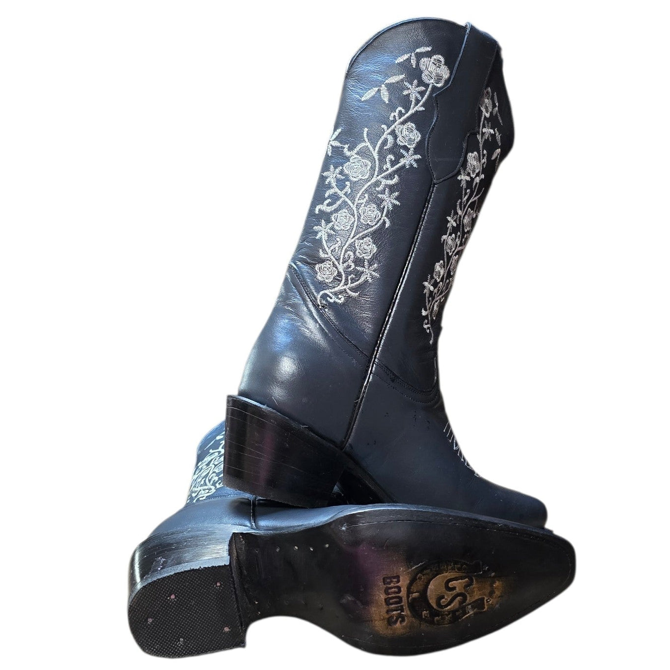 Cowboy Boots (0159) - 13.5" Dark Grey Leather w/ White Floral Stitching & Snip Toe