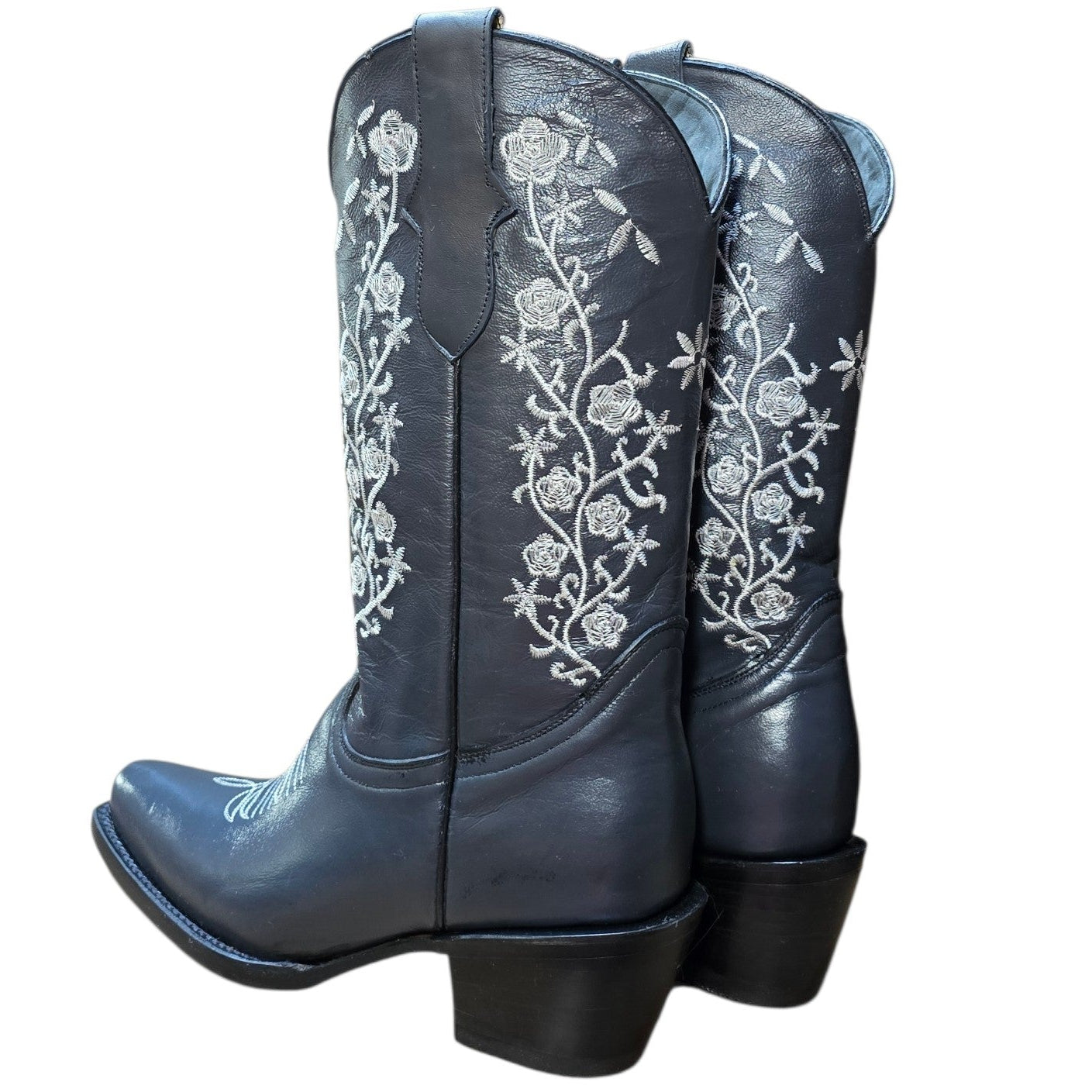 Cowboy Boots (0159) - 13.5" Dark Grey Leather w/ White Floral Stitching & Snip Toe