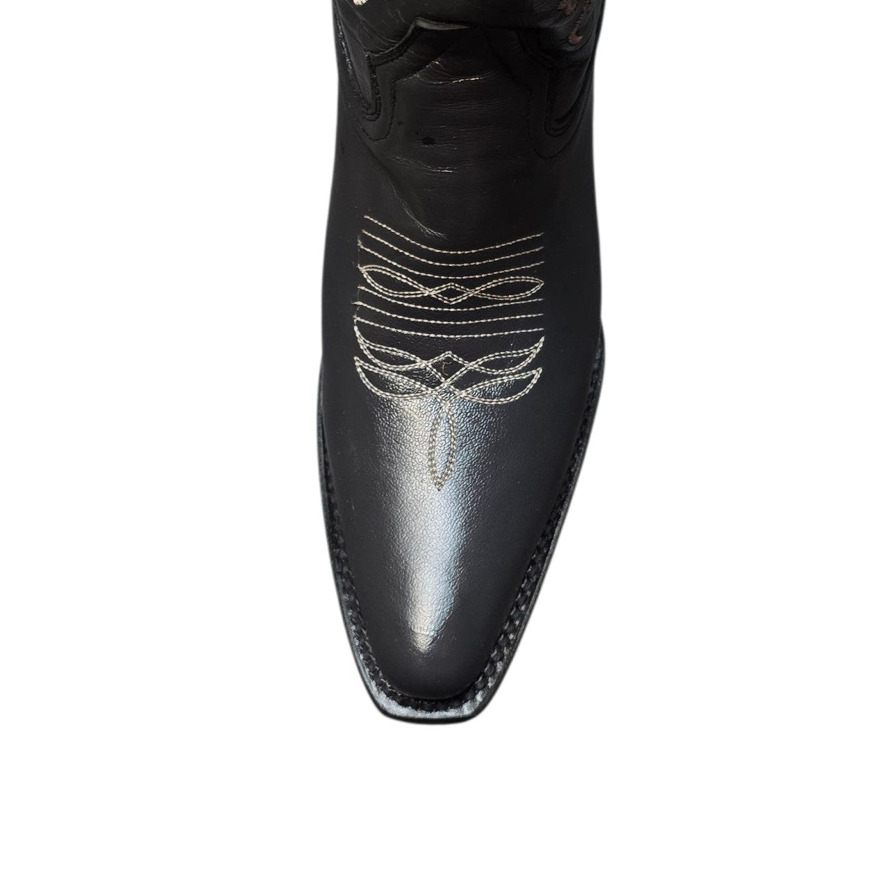 Cowboy Boots (0159) - 13.5" Dark Grey Leather w/ White Floral Stitching & Snip Toe