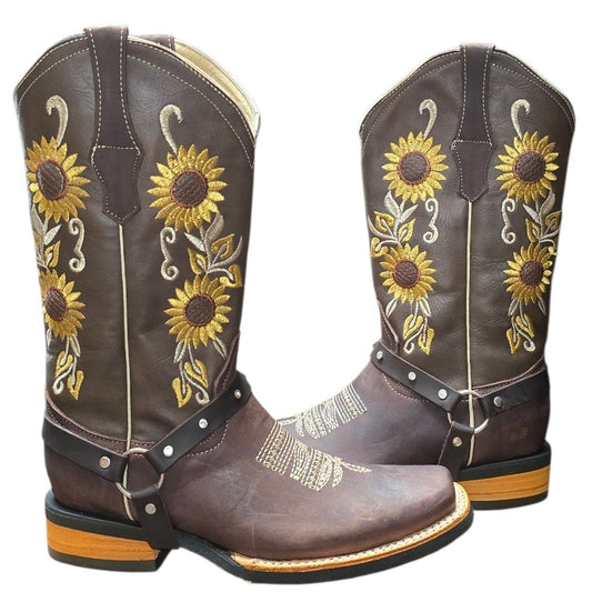 Cowboy Boots (0160) - 13" Brown Leather w/ Sunflower Stitching & Square Toe