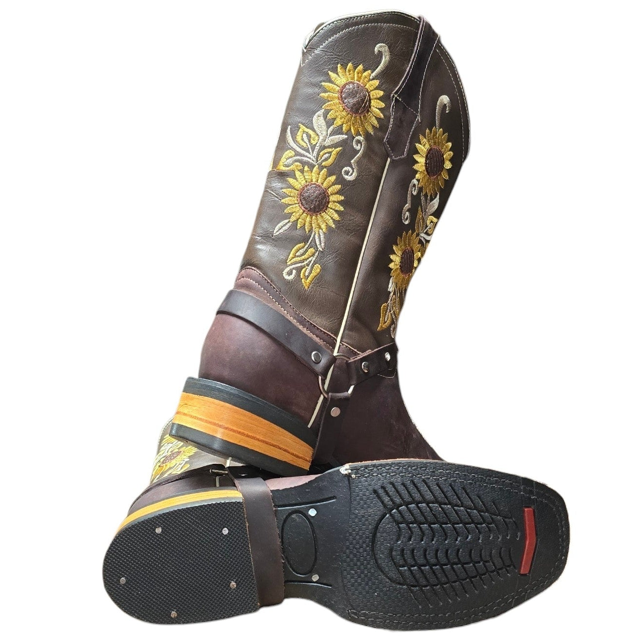 Cowboy Boots (0160) - 13" Brown Leather w/ Sunflower Stitching & Square Toe