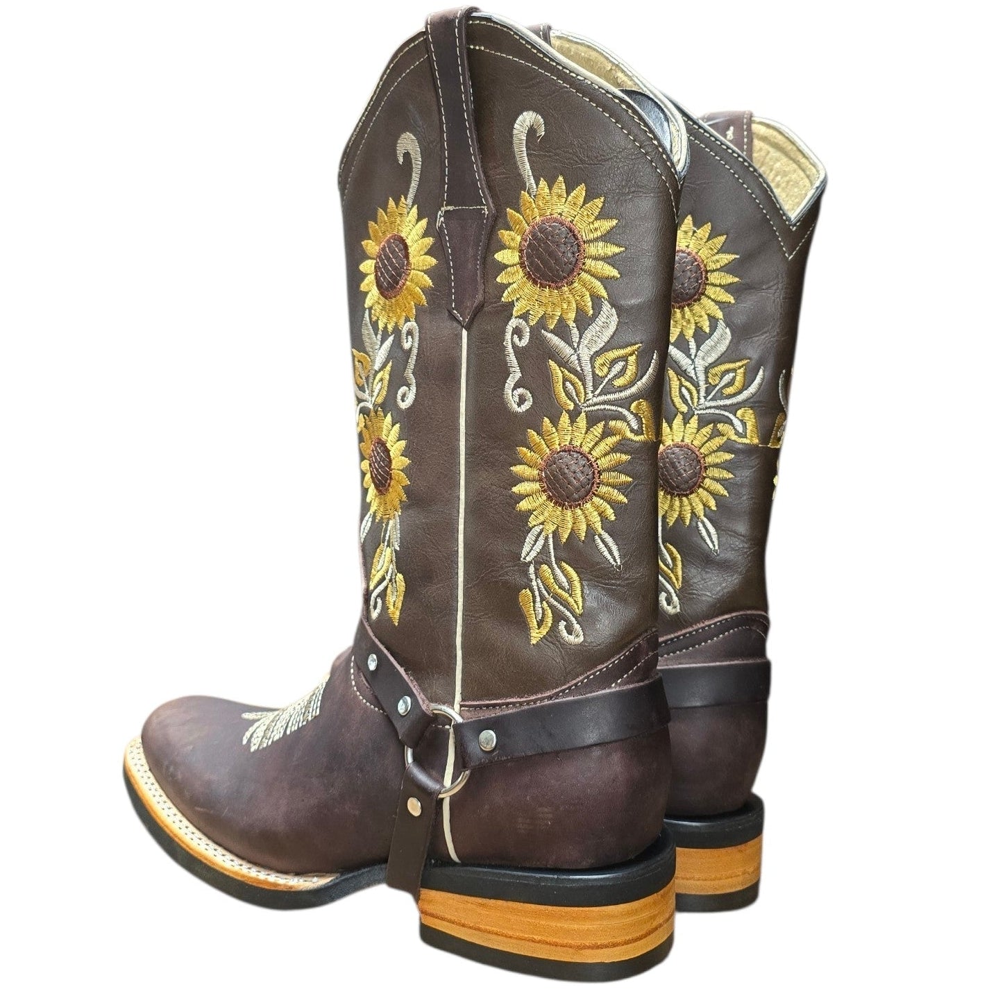 Cowboy Boots (0160) - 13" Brown Leather w/ Sunflower Stitching & Square Toe
