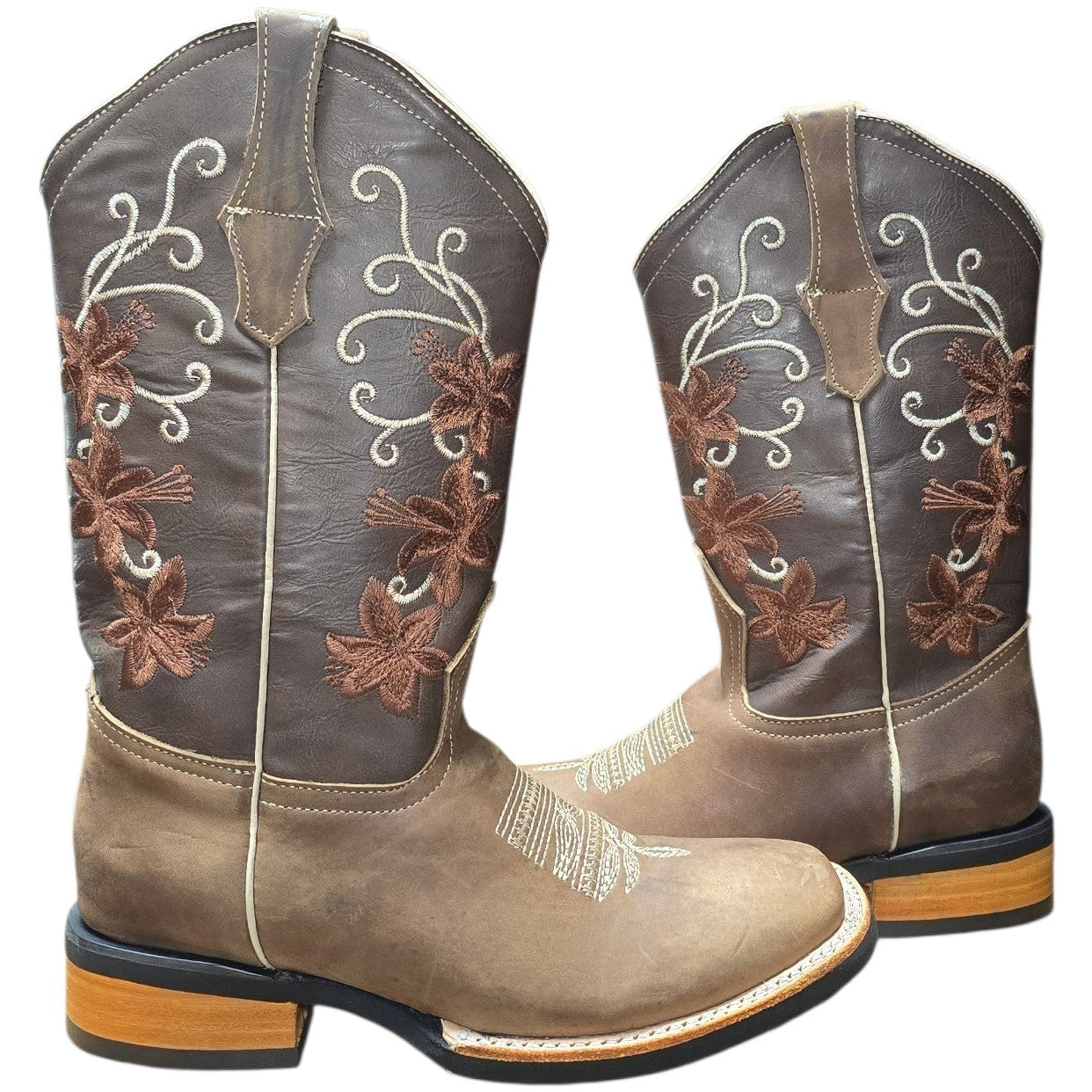 Cowboy Boots (0161) - 13" Brown Leather w/ Floral Stitching & Square Toe